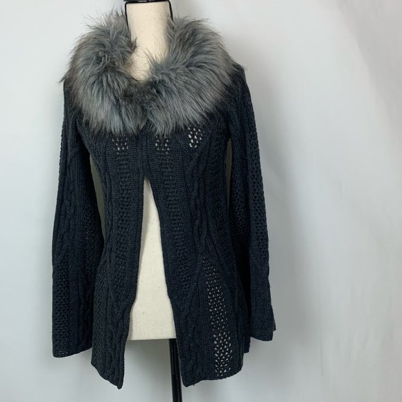 Kenar Sweaters - Kenar Wool Blend Faux Fur Collar Cardigan Sz S